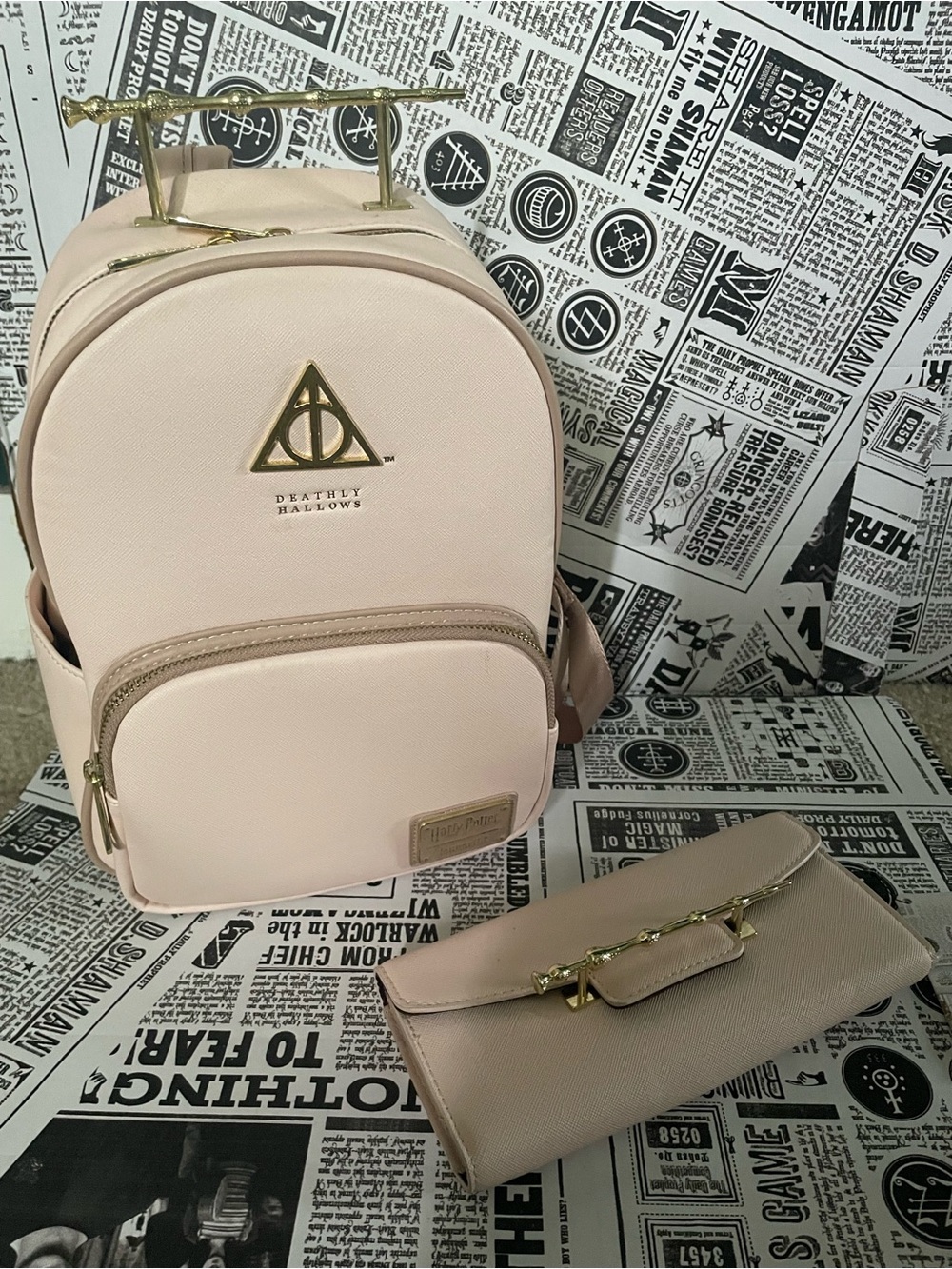 Pink Harry Potter deathly Hallows loungefly mini backpack + wallet